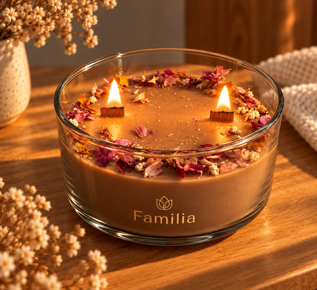 Vela en vaso grabado con la palabra Familia y flores secas